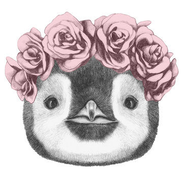 Portrait of Penguin with floral head wreath. Hand drawn illustration.