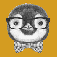 Portrait of Penguin with glasses and bow tie. Hand drawn illustration.