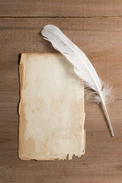 empty Paper with Feather on wood