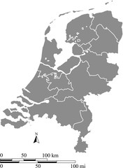 Netherlands map vector outline with scales of miles and kilometers in gray background