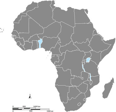 Africa map vector outline with scales of miles and kilometers in gray background