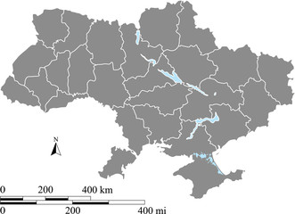 Ukraine map vector outline with scales of miles and kilometers in gray background