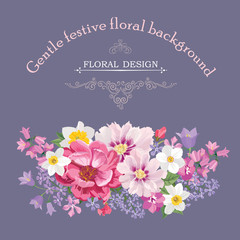 Floral frame background Summer flowers geeting card. Floral bouquet isolated