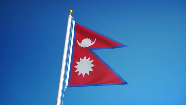 Nepal flag waving in slow motion against clean blue sky, seamlessly looped, close up, isolated on alpha channel with black and white luminance matte, perfect for film, news, digital composition
