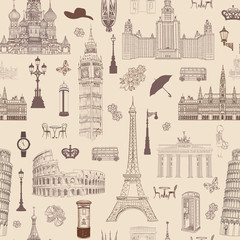 Travel seamless pattern. Europe vacation wallpaper. Worl famous places and cities background
