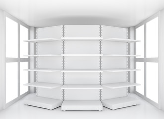 Retail shelves for samples product in blank room