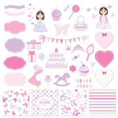 Birthday party and girl baby shower design elements set. Girly stickers. © cutelittlethings