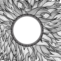 Abstract ornamental background with circle frame. Zentangle doodle hair patterned cover for card design