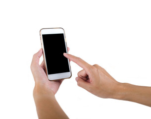 Hand hold and touch screen smart phone,tablet isolated on white background for mobile banking,online banking concept.