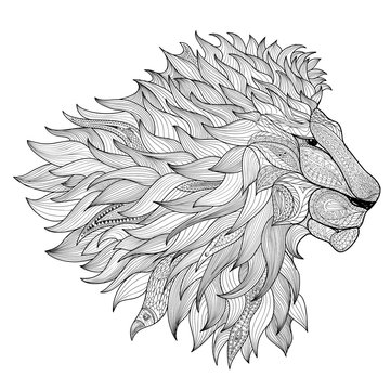 Lion heard isolated. Animal ornamental illustration African, indian, totem, tattoo design.