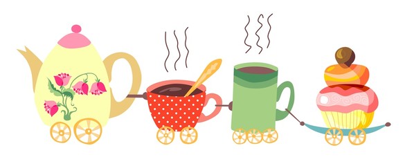 Teapot and cups train. Cute vector illustration.