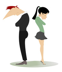 Disappointment. Man and woman in low spirit are standing back to back 
