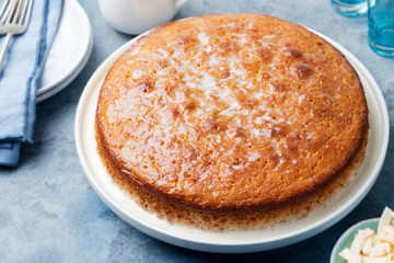 Three milk cake, tres leches cake with coconut. Traditional dessert of Latin America