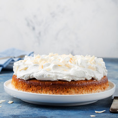 Three milk cake, tres leches cake with coconut. Traditional dessert of Latin America