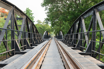 perspective view of Death railway bridge across Kwai river, Kanchanaburi, Thailand
