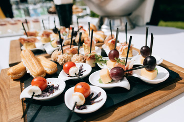 catering services in restaurant. Wedding table reception on wedding ceremony in the park