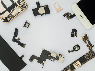 Flat Lay of smart phone components isolate