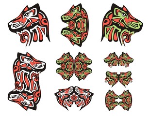 Haida wolf head tattoos. Tribal double symbols of the wolf head executed in black, red and green color