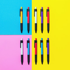 Flat lay photography with colorful of pens, Overhead view of pen