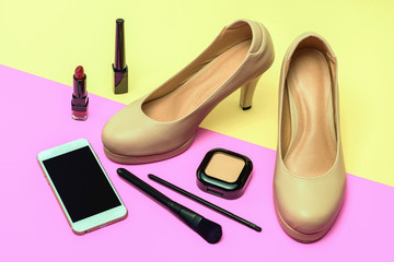 High heel shoe, lipstick, eye liner, powder and smart phone, Ove