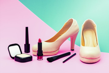 High heel shoe, lipstick, eye liner, powder and smart phone, Ove