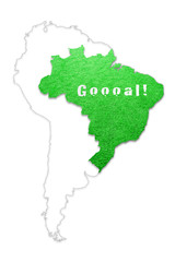 Fototapeta premium Brazil map conceptual soccer game background with Goooal word message on green grass background isolated on white.