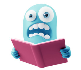 Reading Scary Book Emoticon Face.  3d Rendering.