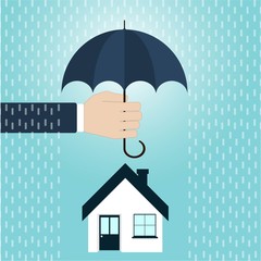 House inshuronce, agent's hand holding umbrella over house. Vector illustration
