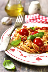 Spaghetti with tomato garlic sauce.