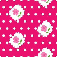 Seamless pattern with roses and white dots on bright pink background