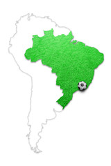 Soccer grass playground Brazil country map with soccer ball isolated on white. Brazil map football field with soccer ball copy space illustration background.