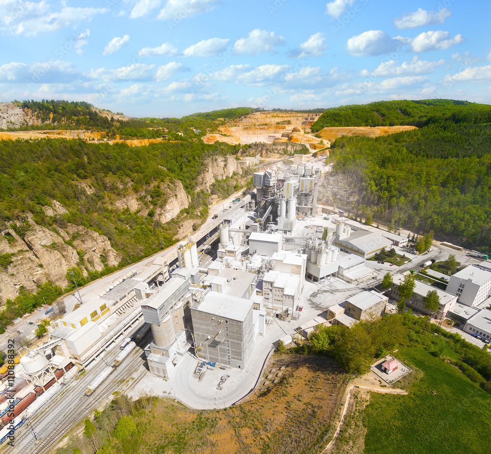 Sticker Aerial view of old lime works. Biggest Czech limestone quarry Devil's Stairs - Certovy Schody. Aerial view of industrial landscape after mining. Industry and environment in Czech Republic, Europe.  - Stickers