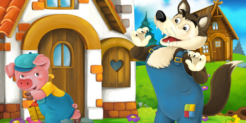 Cartoon scene of a pig near the house talking to wolf - illustration for children