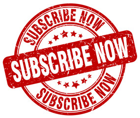 subscribe now red grunge round vintage rubber stamp