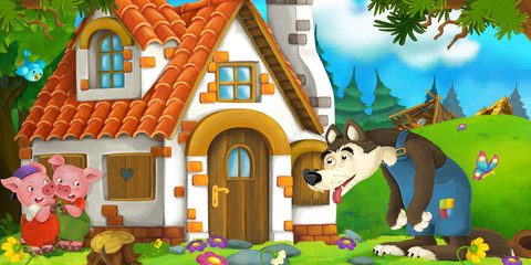 Cartoon scene of wolf standing tired in front of the brick house - illustration for children