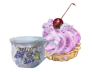 time to drink tea. . A watercolor drawing. Cup and cake.