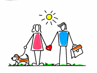 Man and woman with dog. children's drawing style