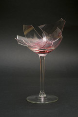Broken wine glass, dirty with red wine