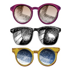 Vector set of sunglaces. Trendy hipster sunglases, yellow and rose round glasses, black monocrome  wifie. Summer protection accessory. - 110892950