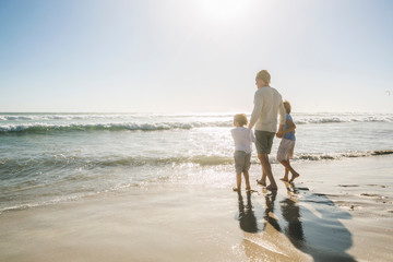 Rear view of father and sons on beach looking away at view