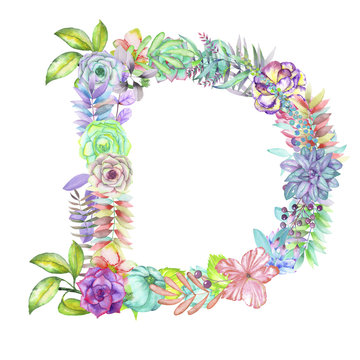 Capital letter D of watercolor flowers, isolated hand drawn on a white background, wedding design, english alphabet for the festive and wedding decor and cards