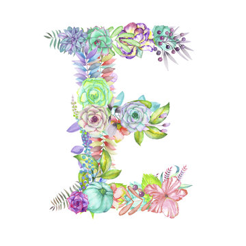 Capital letter E of watercolor flowers, isolated hand drawn on a white background, wedding design, english alphabet for the festive and wedding decor and cards