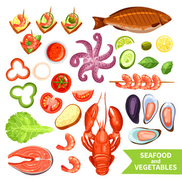 Seafood And Vegetables Icons Set