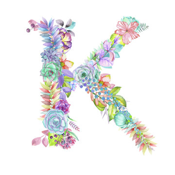 Capital letter K of watercolor flowers, isolated hand drawn on a white background, wedding design, english alphabet for the festive and wedding decor and cards