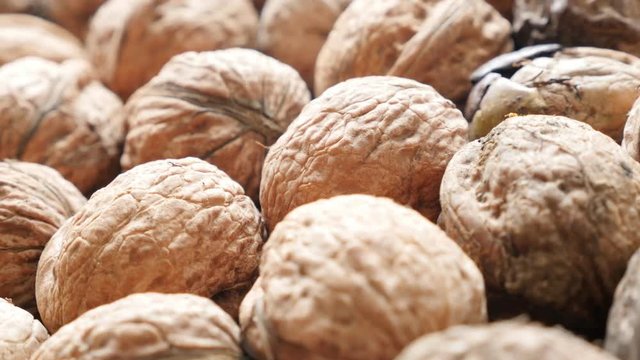 Walnuts arranged on the table slow panning 4K 2160p 30fps UltraHD video - Raw food background of walnut in the shell 4K 3840X2160 UHD pan footage 