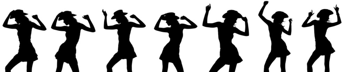 Several silhouettes of a cowgirl dancing and posing