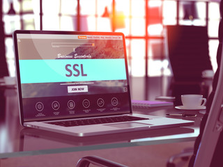 SSL - Socket Layer Security - Concept - Closeup on Laptop Screen in Modern Office Workplace. Toned Image with Selective Focus. 3D Render.