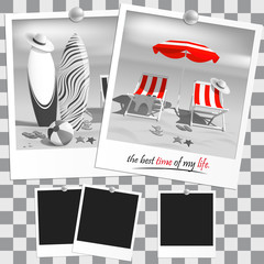 Old black and white photo. Summer. Surfboards. Recliners and Beach umbrella. Sea. Vector Illustration