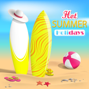 Summer. Surfboards and beach ball. Sea. Vector Illustration