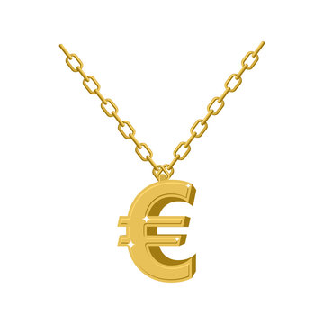 Gold euro sign on chain. Decoration for rap artists. Accessory o
